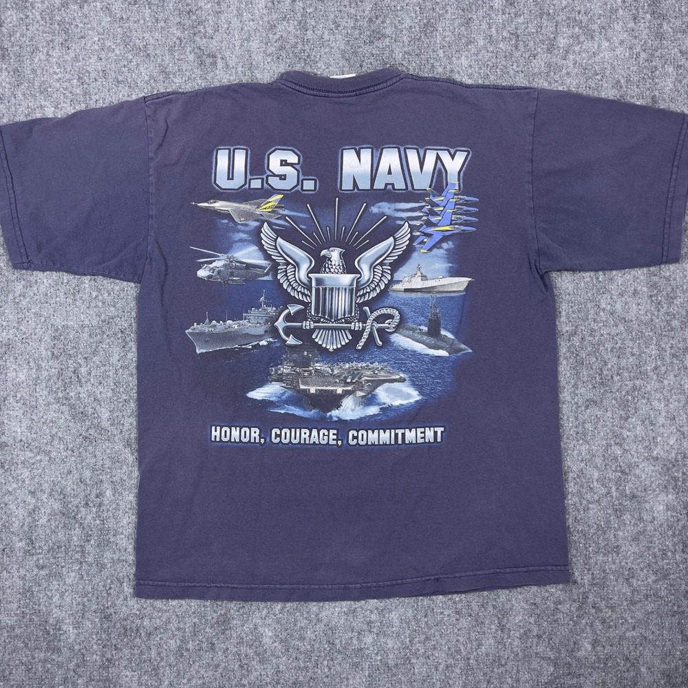 Bayside US Navy T-Shirt Mens Large Navy Blue Graphic Back Print Made in USA